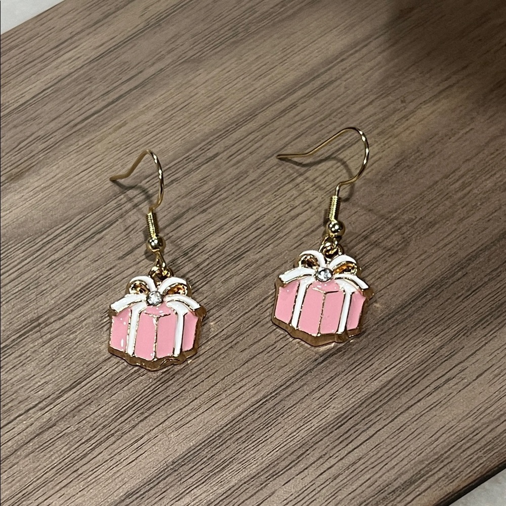 Pink Gift Box Enamel Earrings Golden Stainless Steel